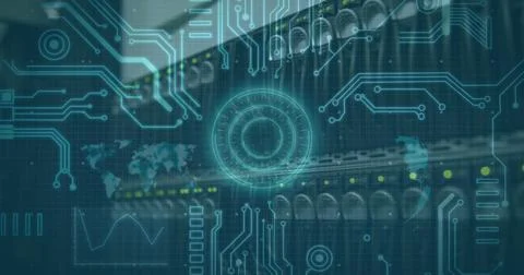 Image of scope scanning, world map and computer elements over computer server Stock Photos
