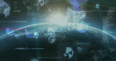 Image of scopes and data processing over globe Stock Illustration