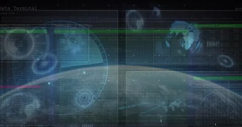 Image of scopes and data processing over globe Stock Illustration