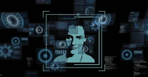 Image of scopes and data processing over biometric photo and dark background Stockfoto's