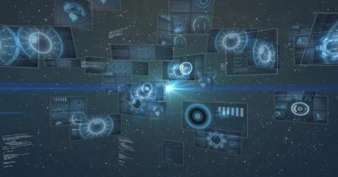 Image of scopes and data processing over dark background 스톡 사진