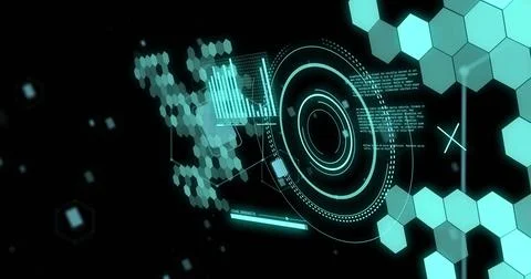 Image of scopes and scientific data processing over black background Stock Illustration