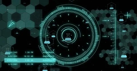 Image of scopes and scientific data processing over black background Stock Illustration