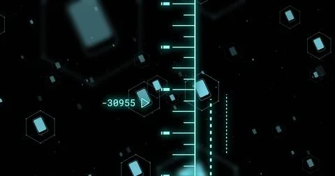 Image of scopes and scientific data processing over black background Illustrazione stock
