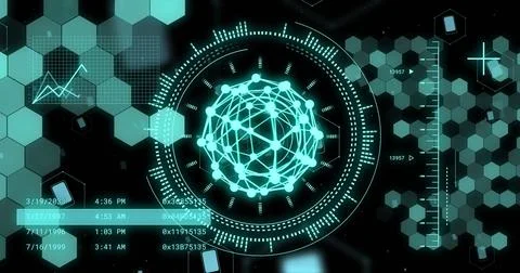 Image of scopes and scientific data processing over black background Stock Illustration