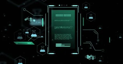 Image of scopes and scientific data processing over black background Stock Illustration