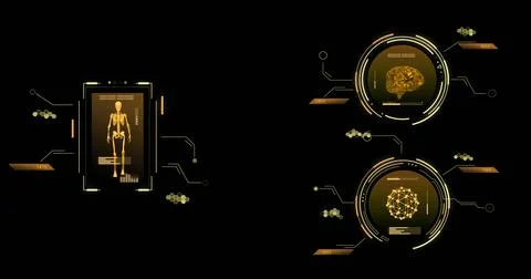 Image of scopes and scientific data processing over black background Stock Photos