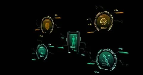 Image of scopes and scientific data processing over black background Stock Photos
