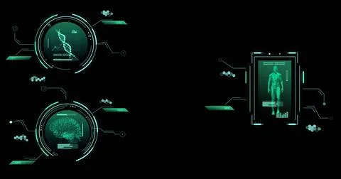 Image of scopes and scientific data processing over black background 写真素材
