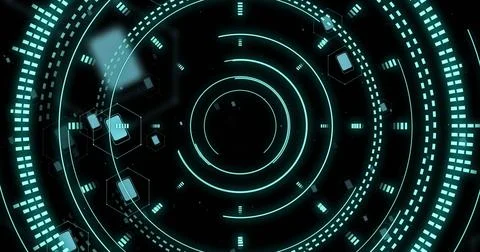 Image of scopes with data processing over black background Illustrazione stock