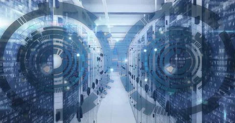 Image of scopes with data processing over computer servers Foto stock