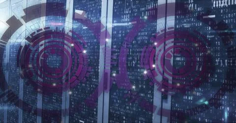 Image of scopes with data processing over computer servers Foto stock