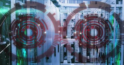 Image of scopes with data processing over computer servers Foto stock