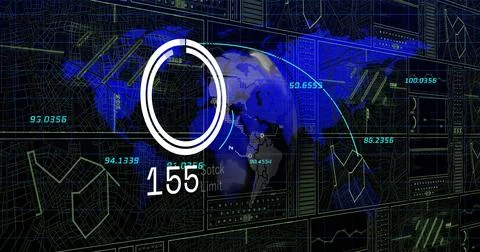 Image of scopes with data processing with world map over black background Ilustración de archivo