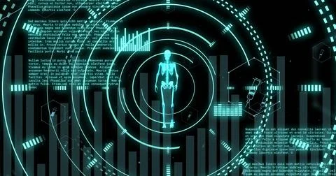 Image of scopes with human skeleton and data processing over black background Stock Illustration
