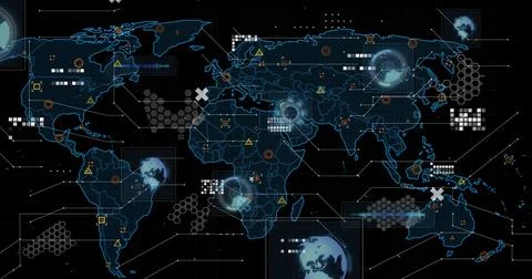 Image of scopes, markers and data processing over world map Stock Illustration