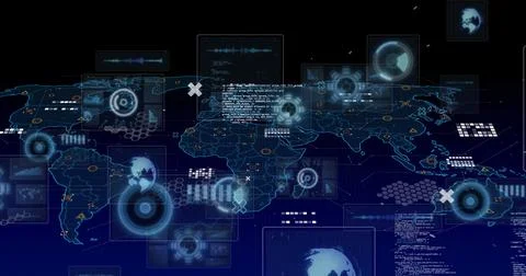 Image of scopes, markers and data processing over world map 스톡 사진
