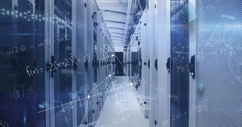 Image of scopes, mathematical equations and data processing over computer Stock Photos