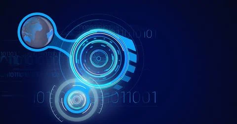 Image of scopes scanning and binary coding data processing over digital screen Illustrazione stock
