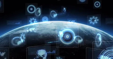 Image of scopes scanning and data processing on screens over globe with glowing イラスト素材