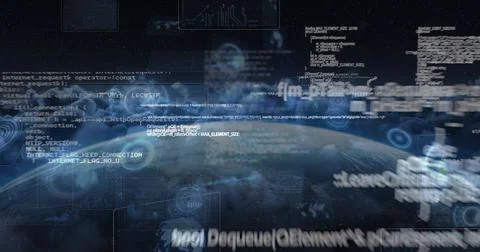 Image of scopes scanning and data processing on screens over globe and clouds Stock Illustration