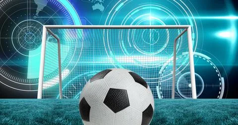 Image of scopes scanning and data processing over football goal in sports Stockillustratie