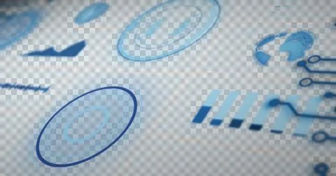 Image of scopes scanning and data processing on screens on grid background Illustrazione stock