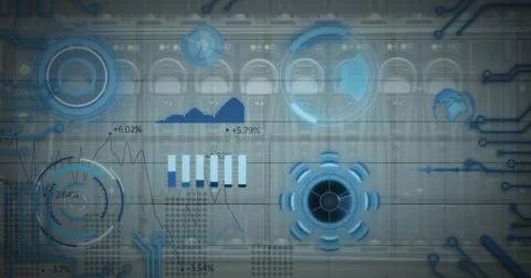 Image of scopes scanning and data processing on computer elements in background イラスト素材