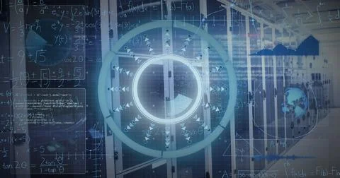 Image of scopes scanning and data processing over computer servers Stock Illustration