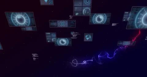 Image of scopes scanning and data processing on dark background Illustrazione stock