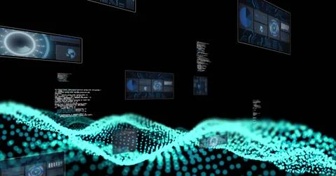 Image of scopes scanning and data processing on dark background Illustrazione stock