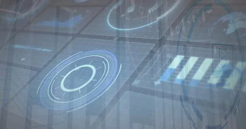 Image of scopes scanning and data processing on screens Illustrazione stock