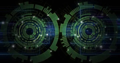 Image of scopes scanning and data processing on black background Illustrazione stock