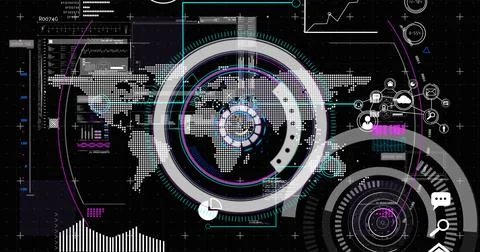 Image of scopes scanning and data processing over world map on digital screen Stock Illustration