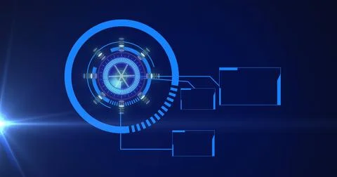 Image of scopes scanning and data processing over digital screens Illustrazione stock