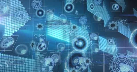 Image of scopes scanning and data processing on screens over digital arrows イラスト素材