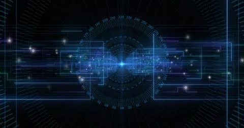 Image of scopes scanning and data processing with binary coding on black Illustrazione stock