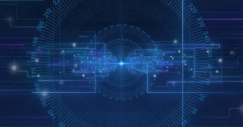 Image of scopes scanning and data processing with binary coding on blue Illustrazione stock