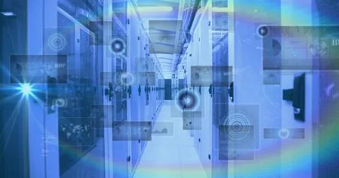 Image of scopes scanning and data processing on screens over computer servers Stock Photos