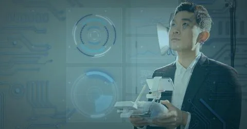 Image of scopes scanning and data processing over man flying drone Stock Photos