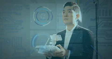 Image of scopes scanning and data processing over man flying drone Stock Photos