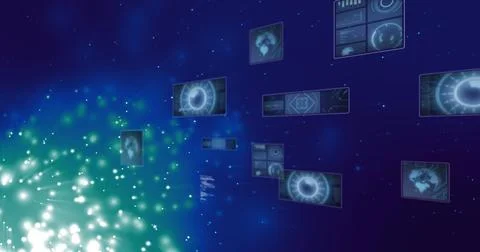 Image of scopes scanning and data processing over screens on dark background Foto stock