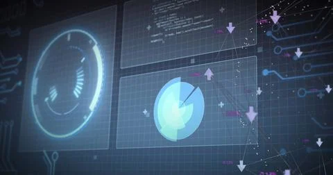 Image of scopes scanning and data processing on screens over grid Stockfoto's