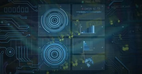 Image of scopes scanning and data processing over cables in computer server Stock Photos