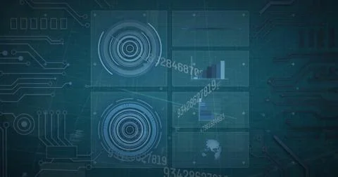Image of scopes scanning and data processing over dark background 스톡 사진