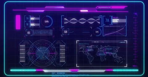 Image of scopes scanning and data processing over dark background Stock Photos