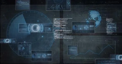 Image of scopes scanning and data processing over dark background 스톡 사진