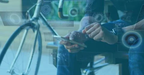 Image of scopes scanning and data processing on screens over man using Foto stock