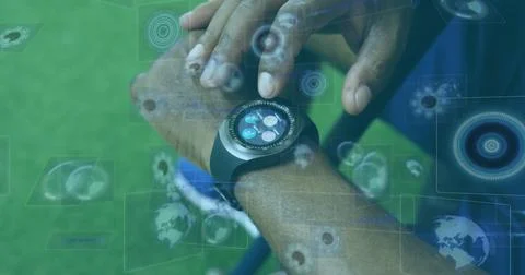 Image of scopes scanning and data processing on screens over man checking Stock Photos