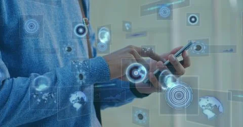 Image of scopes scanning and data processing on screens over man using 写真素材